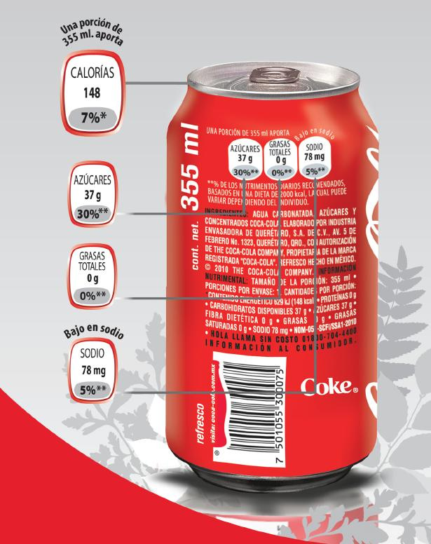 Información nutricional de lata de coca cola